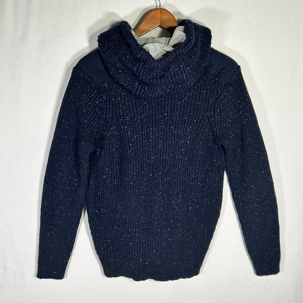 prAna Mens Hooded Henley Sweater Mmedium Lambswool Blend Blue Chunky Knit Toggle
